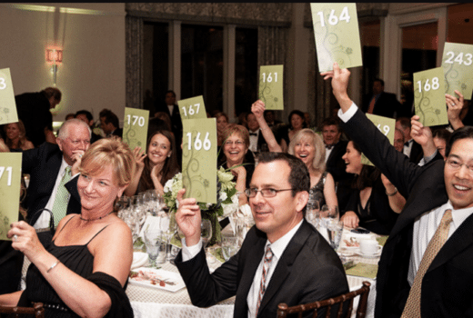 people raising paddles at fundraising event, fundraising ideas, charity ideas, silent auction items, travel fundraising events