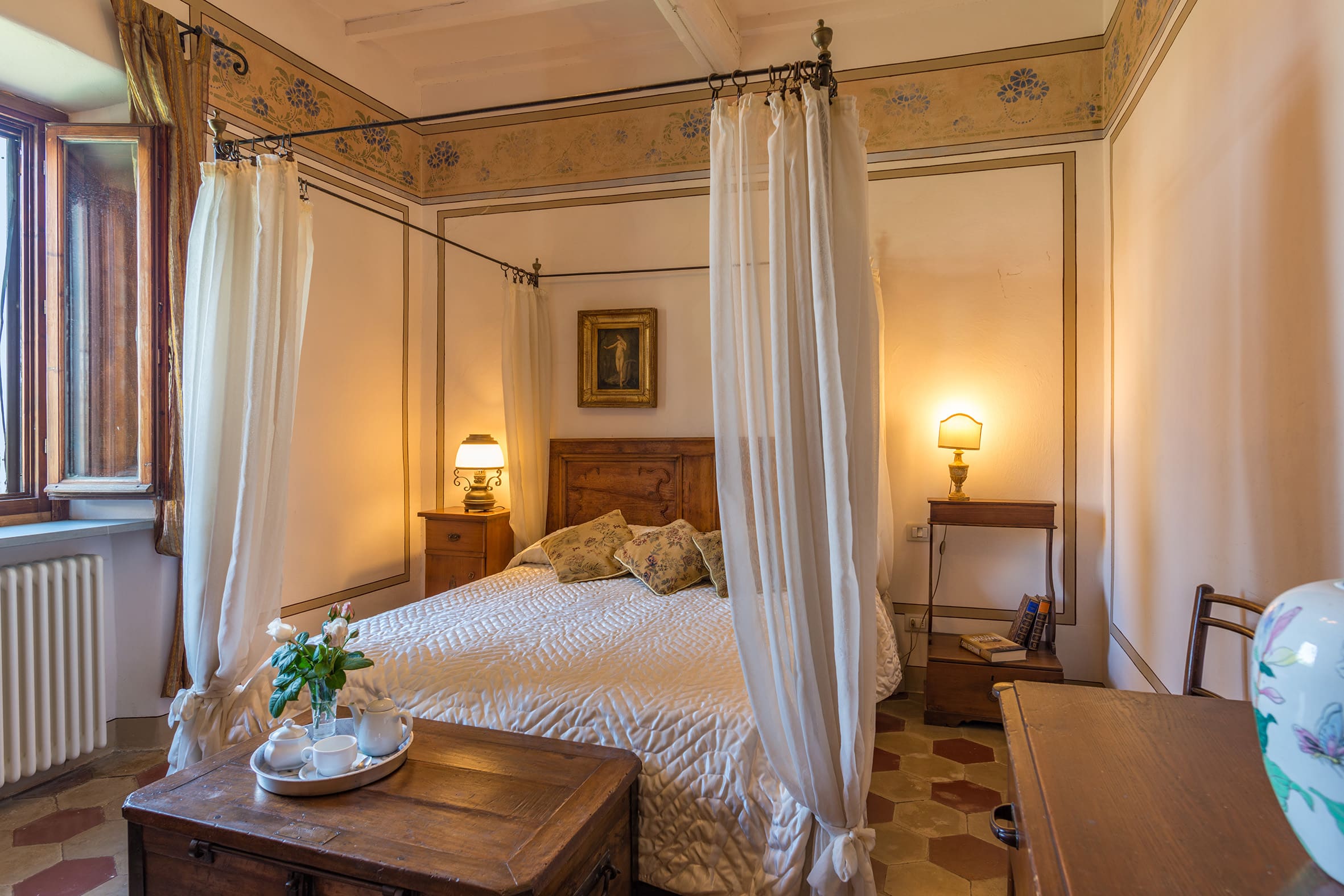 Bedroom in villa in Tuscany, charity auction travel packages, vacation fundraising, travel fundraising, auction packages for nonprofits, trips for fundraising, auction travel packages, auction vacation packages, auction packages