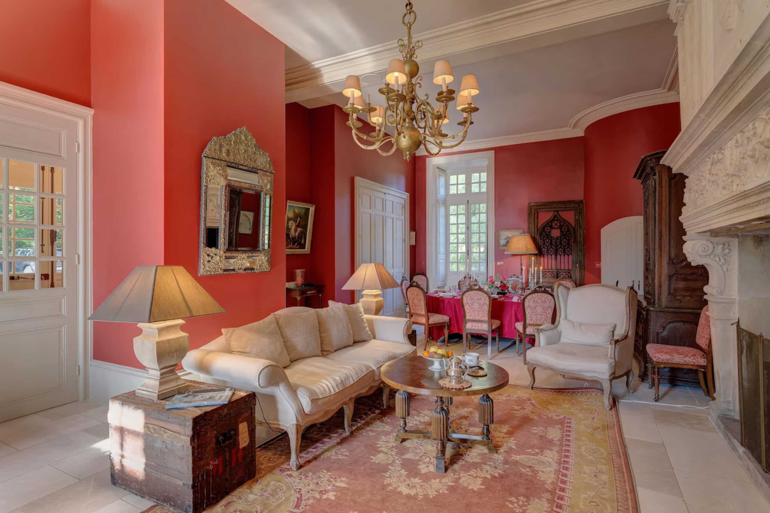 Normandy Chateau living room, charity auction travel packages, vacation fundraising, travel fundraising, fundraising ideas, charity ideas, silent auction items, travel fundraising events